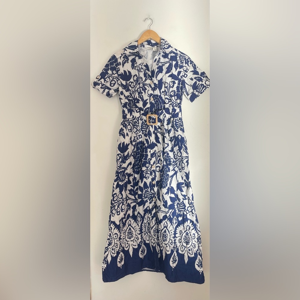 Joie Blue & White Floral Button-Front Midi Dress Belted Shirt Dress S - Picture 5 of 8